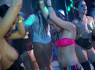 Sex starved vixens being fucked silly in a fetish club shower orgy