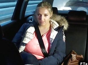 Huge tits blonde in corset fucks in cab