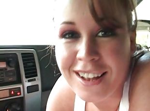 Cumming on her nice tits in the car