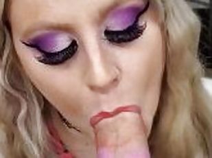 Blonde on her knees for rainbow party blowjob