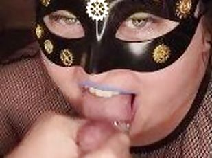 Masked wife paints my cock blue, lipstick blowjob