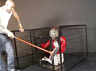 Sex slave with a shaved pussy being tortured and fucked by strangers