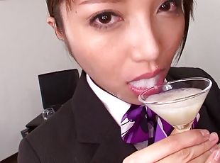 Yuuna Takizawa sucks a cock and drinks cum out of a glass