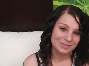 Sexy brunette teen with a raspy voice sucks a fat cock