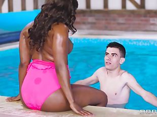 A teenager Jordi bangs busty ebony milf and a hot redhead teen by the pool