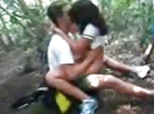 Voyeur Tapes A Teen Riding Her BF In The Forest