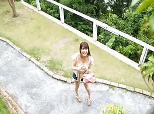 Long haired Asian cutie has her hairy twat slammed outdoors till orgasm
