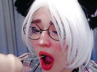 Neko girl sucking cock deep throat until she choking and drooling