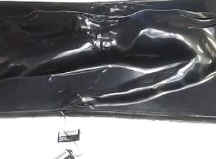 Self bondage orgasm in vacbed. Boy plays with electro chastity and magic wand in vacbed when starts