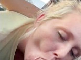 Public road cum swallow before going to see her mom. Blonde girl swallows cum