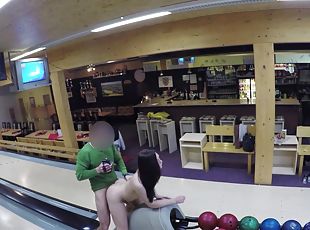 Aroused amateur babe fucked at the bowling alley without knowing she is being filmed